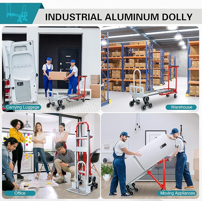 3 in 1 Industrial Convertible Hand Truck Dolly,1000 LBS Capacity Aluminum Hand Truck Dolly,Stair Climbing Hand Trucks Heavy Duty with Rubber Wheels for Moving,Transport(Red)