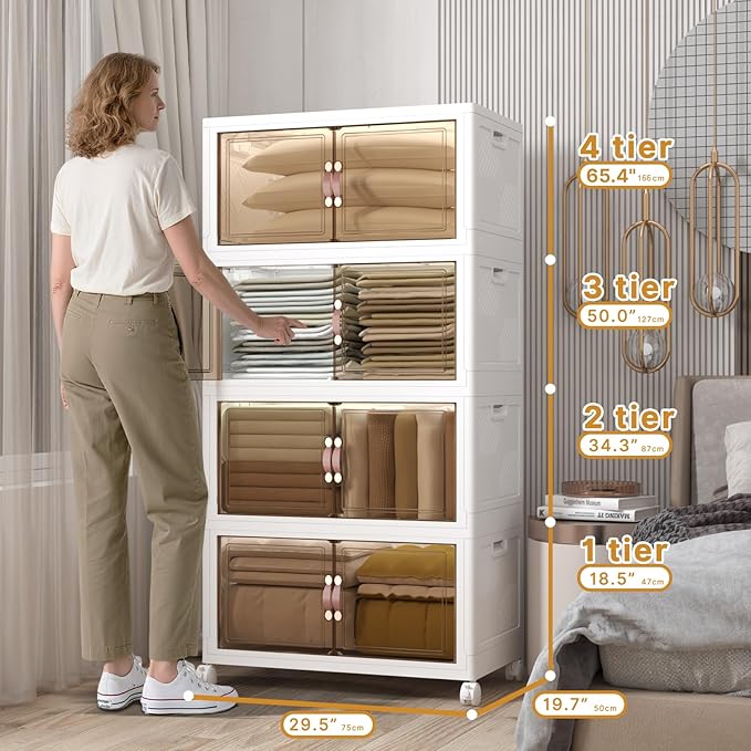 UAMFURI Extra Large Stackable Storage Bins with Lids & Wheels, 672QT-168QT/42GAL*4Pack Foldable Collapsible Closet Organizers Storage Cabinet with Doors for Bedroom Dorm