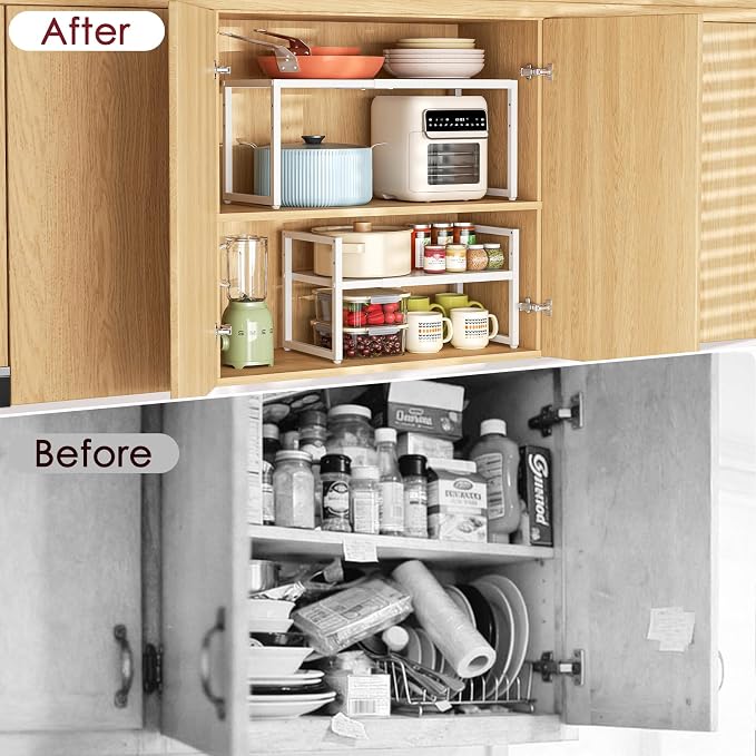 Expandable Kitchen Storage Shelves,100LBS Heavy Duty Metal Shelving Unit For Pot Pans Appliance,Adjustable White Small Shelf Rack Organizer For Kitchen Countertop Under Cabinet Closet Garage Pantry