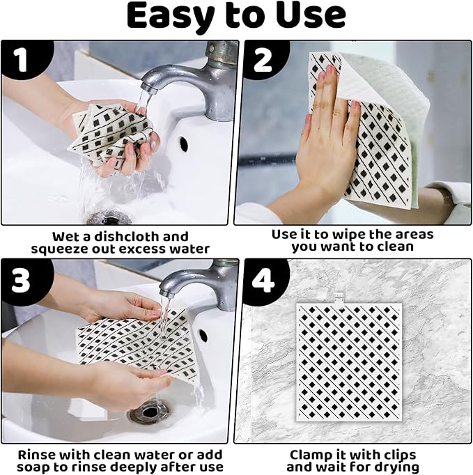 Needbrock 6 Pack Swedish Dishcloths for Kitchen,Swedish Rags Dish Towels with Clips, Reusable Paper Towels Washable Absorbent Cellulose Sponge Cloths No Odor for Countertop Sink Kitchen