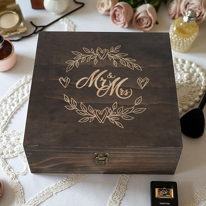 Mr and Mrs Wedding Memory Box- Wooden Keepsake Box with Lid for Couples, Rustic Storage Box for Cards, Photos & Mementos, Anniversary & Engagement Gift- 11.4x11.4x4.5 Inches