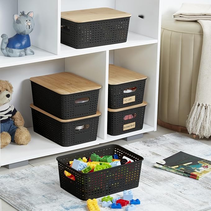 Bagnizer Small Plastic Storage Bins with Bamboo Lids 5.2qt Stackable Box Basket Pantry Decorative Containers Cute with Lable for Organizing Desktop Closet Office Black of 6 packs 10 * 7.2 * 4.1'’