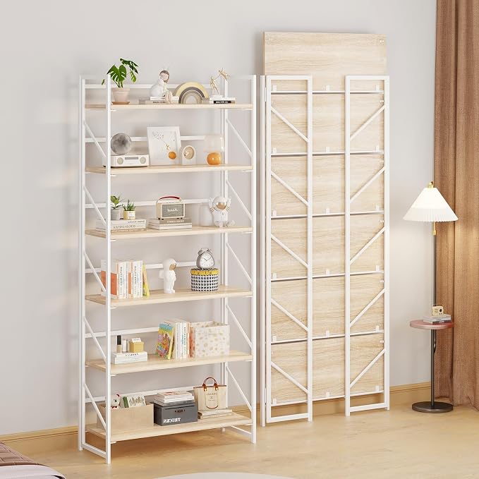 JSB 6 Tier No Assembly Folding Bookshelf, 30.7" Wide Foldable Storage Bookcase for Home Office, Space-Saving Storage Shelf for Living Room (White)