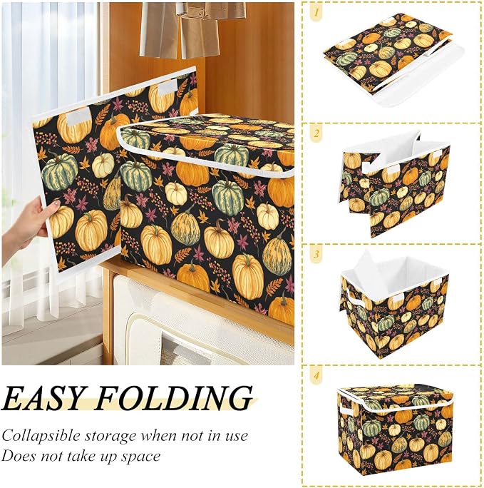 CaTaKu Pumpkins Fall Leaves Storage Bins with Lids and Handles, Fabric Large Storage Container Cube Basket with Lid Decorative Storage Boxes for Organizing Clothes