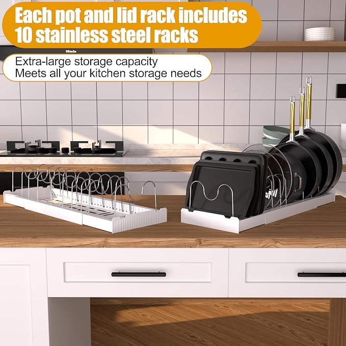 2 Pack Pots and Pans Organizer Under Cabinet, Expandable Pot Lid Organizer Racks, Include 20 Stainless Steel Racks & White Plastic Base, Perfect for Kitchen Cabinet, Countertop & Cupboard
