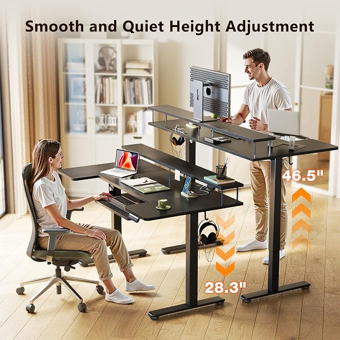 OffiGo 55 Inch U Shaped Electric Standing Desk with Keyboard Tray, Black | 3 Outlets & 2 USB Ports, Monitor Stand, 10 Colors & 10 LED Modes, 3 Presets, 28.3"-46.5"in Range, 154 lb Capacity