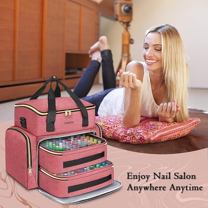 YOREPEK XL Nail Polish Organizer Case for 96 to 100+ Bottles, Pink | Nail Organizer With 96 Slots Foam Inserts, Travel Nail Tech Carrying Case with Adjustable Space for Gel Dip Powder Tips Set