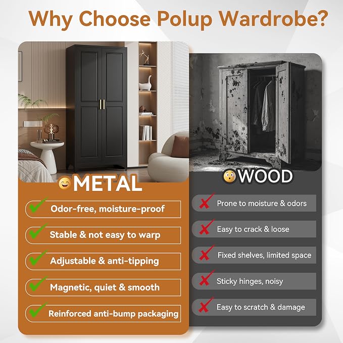 Polup Metal Armoire Wardrobe Closet with Hanging Rod, 71" Tall Wardrobe Cabinet for Clothes, Black Clothing Storage Cabinet with Doors and Shelves, Large Wardrobes for Bedroom, Office, School, Gym