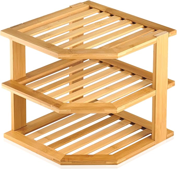 RoyalHouse Bamboo 3-Tier Corner Shelf Organizer for Countertop & Kitchen Cabinet, Space Organizer for Kitchen and Bathroom