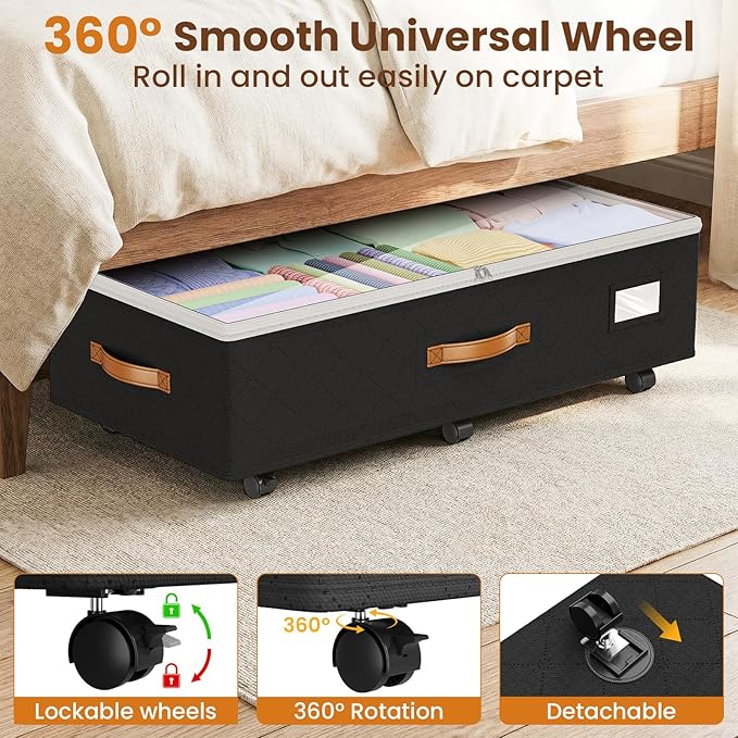 Budding Joy 80L 2 Pack Adjustable Under Bed Storage with Wheels | Underbed containers with clear lids, rolling under bed shoe storage organizer for dorm home clothes, blankets, toys, black