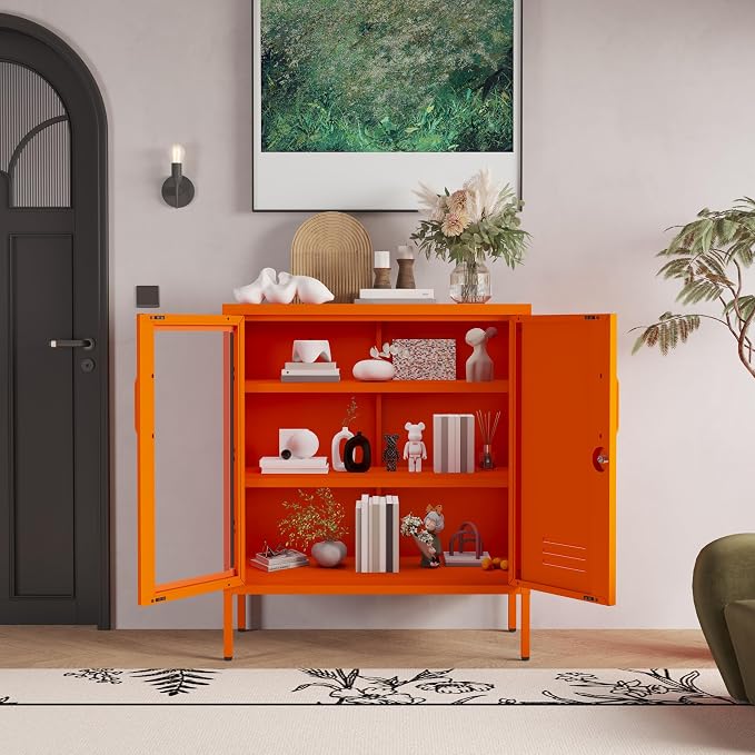 Lockable Metal Storage Cabinet Locker Adjustable Shelves, Modern Cabinets Versatile Storage Lockers Easy Assembly Durable Metal Sideboard Furniture for Living Room Home Office Orange