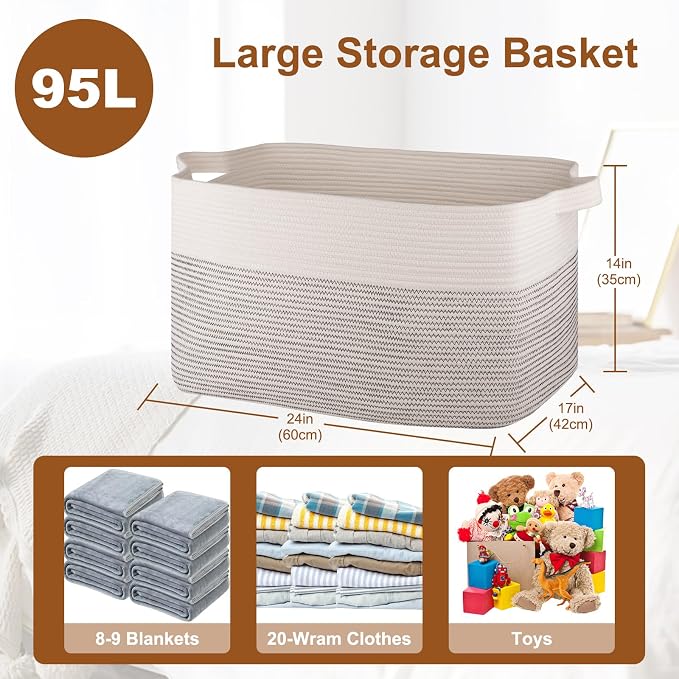 OIASKET Large Blanket Basket, Blanket Storage Living Room, Rectangle Woven Baskets for Storage Toys, Towels, Diry Clothes Organizer Bins (Black & White, 24"x16.9"x14.2")