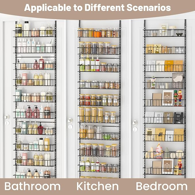 ElegantArray 9-Tier Pantry Door Organizer, Black | Over The Door Pantry Organizer Rack and Storage, Hanging Spice Rack Shelves Door, Home Office Laundry Room Bathroom & Kitchen