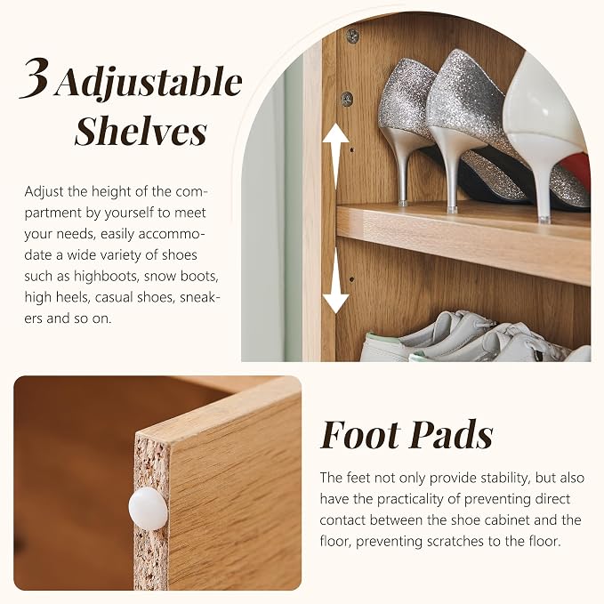 IFGET 67" Tall Arched Shoe Storage Cabinet, 8 Tiers 8 Pairs Wooden Shoe Rack with 3 Adjustable Shelves, Freestanding Shoe Closet Shelf Organizer for Entryway, Hallway, Living Room (Natural)