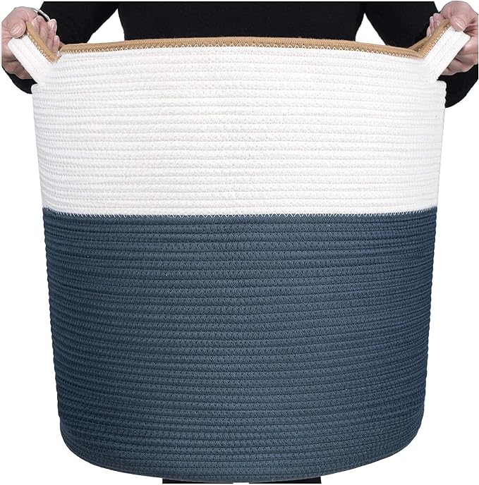 MINTWOOD Design 83L Extra Large 20x18 Inches Decorative Woven Cotton Rope Basket, Tall Laundry Basket Hamper, Blanket Basket for Living Room, Round Storage Baskets for Pillows, Towels, Prussian Blue