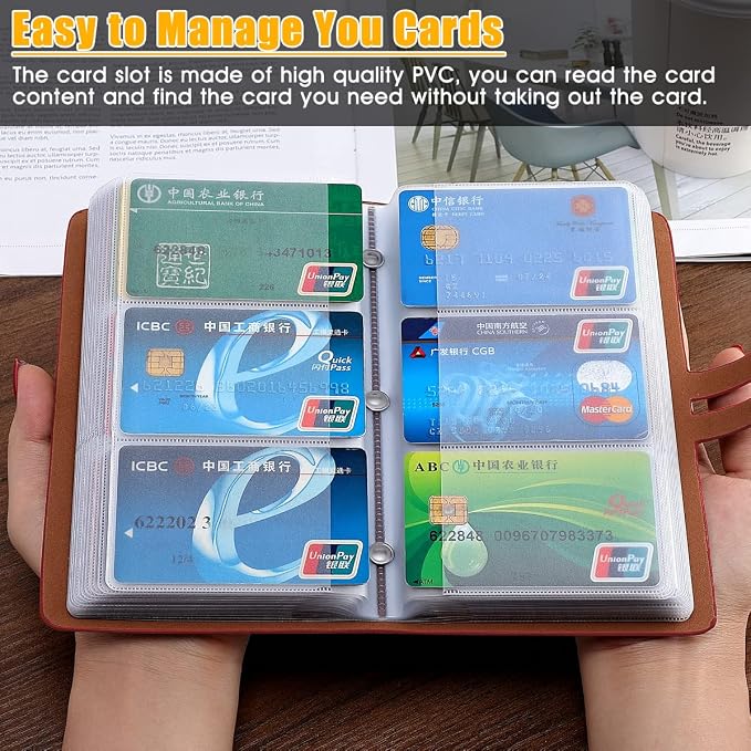 RFID Credit Card Holder, Leather Business Card Organizer with 96 Card Slots, Credit Card Case for Managing Your Different Cards and Important Documents to Prevent Loss or Damage (Dark Red)