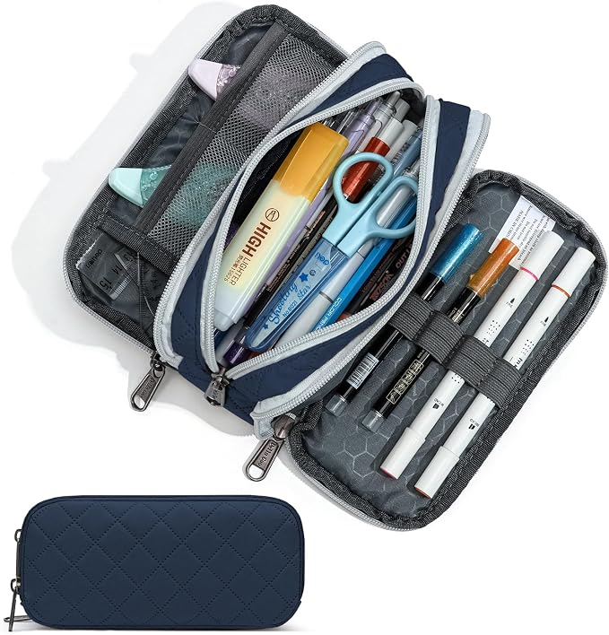 Della Gao Large Pencil Case, Big Capacity Pencil Pouch with 3 Compartments, Office Pencil Bag with Zipper, Big Pen Case for Adults (01-3SLLG)