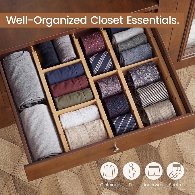 Bamboo Drawer Dividers 4 Pack with Inserts, Kitchen Adjustable Drawer Organizers for Home, Bedroom, Dresser, Expandable Organization 4 Dividers with 8 Inserts
