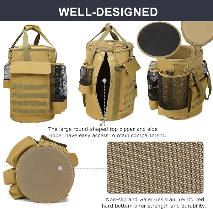 Baseball Bucket Bag 6 Gallon Tactical Softball Coaches Bag with Padded Seat | Baseball Bucket Cover Organizer for Training Equipment, Balls, Bat, Gloves, Scoreboards, with Shoulder Strap