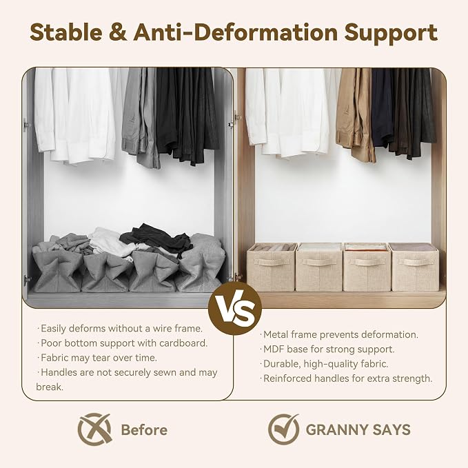 GRANNY SAYS Storage Bins for Closet, Linen Closet Organizers and Storage Baskets with Metal Frame, Storage Bins for Organizing Living Room, Bedroom Wardrobe, Foldable, Sturdy, Light Taupe, 2-Pack