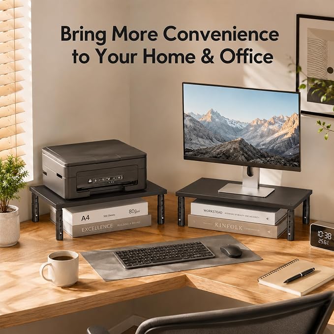 OPNICE Desk Organizers and Accessories, Adjustable Computer Monitor Stand Riser, Laptop Stand for Desk, Office Desk Accessories & Workspace Organizers for Home Office, Black Wood