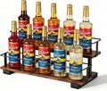 2-Tier Coffee Syrup Rack with Iron Frame, Holds 10 Bottles | Step shelf for coffee bar, liquor bottle display, holds jars, wine, tea canisters, vintage decor.