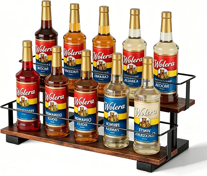 2-Tier Coffee Syrup Rack with Iron Frame, Holds 10 Bottles | Step shelf for coffee bar, liquor bottle display, holds jars, wine, tea canisters, vintage decor.