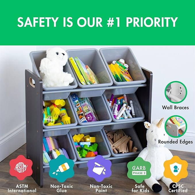Humble Crew 9-Bin Toy Organizer – Sumatra Espresso/Grey Plastic Bins, 3-Tier Storage Solution for Kids' Playrooms and Nurseries