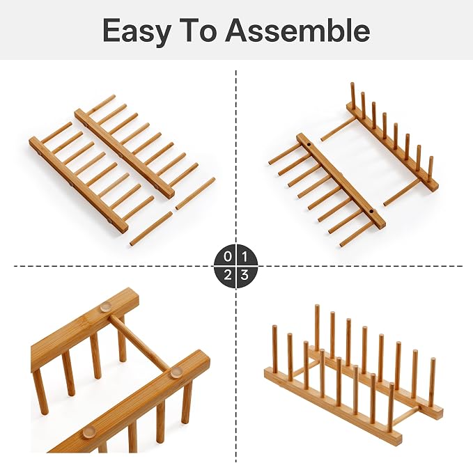 HBlife 2-Pack Bamboo Wooden Dish Rack Holder Space-Saving Vertical Organizer for Plates, Cups, Pots, Lids, Bowls & Cutting Boards Kitchen Cabinet & Counter Storage