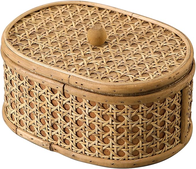 SOFE Rattan Decorative Box with Lid, Small Oval Box for Storage, Hand-Woven Display Boxes for Organizing Jewelry, Candies, Snacks, Keys, Farmhouse & Boho & Modern Home Decor, Dresser Decor