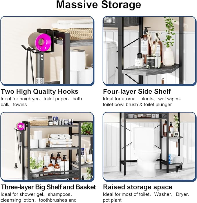 K1 Heavy Duty 7-Tier Over The Toilet Storage（with Basket and Paper Hook） Freestanding Above Toilet Shelf with Adjustable Feet，Space Saver Bathroom Shelves 9.3" D x 33.5" W x 63.8" H，Grey