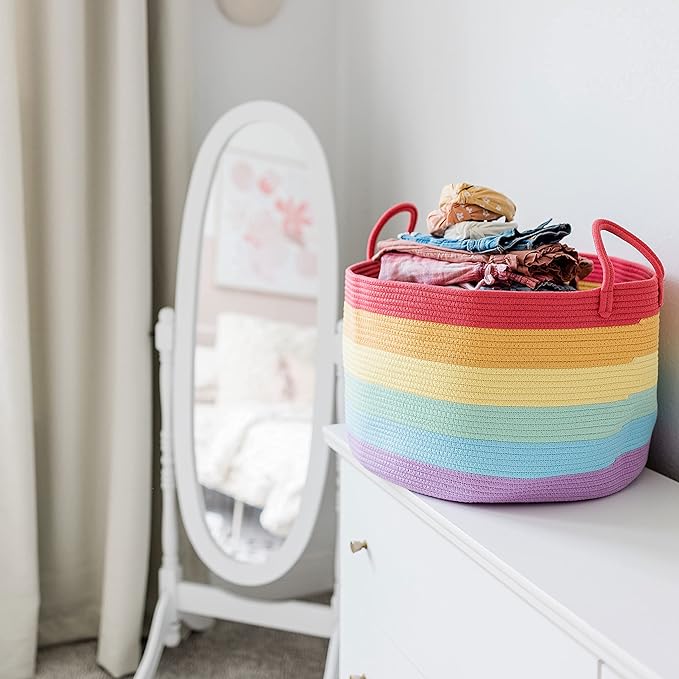 OrganiHaus Rainbow Blanket Basket for Classroom & Nursery, Extra Large Woven Laundry Basket w/Handles, Kids Toy Organizer & Storage, Soft Round Dog Toy Storage Bin, Cute Bin - 20"x13" in
