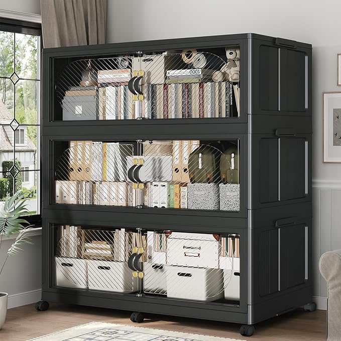 180Gal/720QT 3-Tiers Extra Large Stackable Storage Bins with Lid, Collapsible Cabinet Closet Organizer Plastic Container Box with Wheels Doors Drawers for Office Dorm Kitchen Office, Black