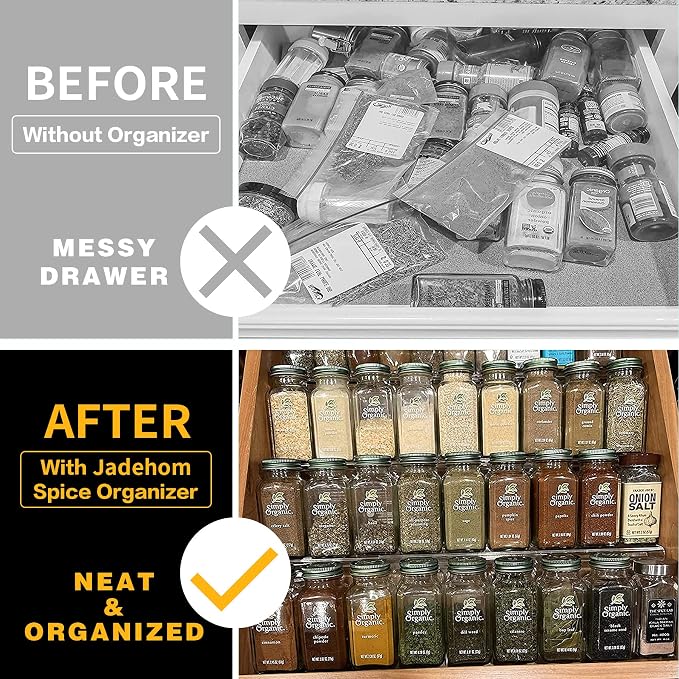Jadehom Spice Drawer Organizer, 4 Tier Clear Acrylic Expandable From 13" to 26" Seasoning Jars Drawer Insert, Kitchen Drawer Spice Rack Tray for Cabinet/Countertop