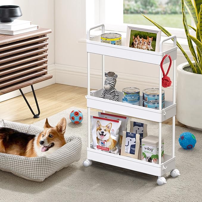 SOLEJAZZ Slim Rolling Storage Cart Skinny Bathroom Organizer, 3 Tier, White | Thin utility cart with wheels for bathroom, laundry room, bedside, kitchen, dorm, office, next to fridge, small narrow places