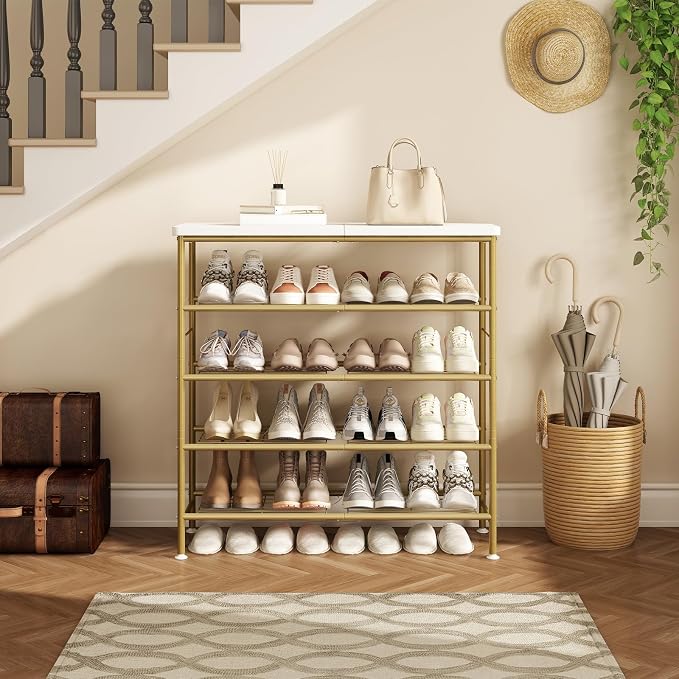 SUOERNUO Shoe Rack Organizer 5 Tier for Closet Entryway Free Standing Metal Storage Shoe Shelf with MDF Top Board，Gold
