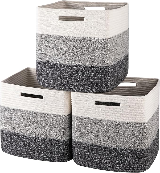 OIAHOMY 13 Inch Cube Storage Bins, 3-Pack Cotton Rope Woven Baskets for Organizing, Insert Storage Baskets for Shelves, Baby Nursery, Closet Organizer, 13 * 13 * 12.6IN, Gradient Gray
