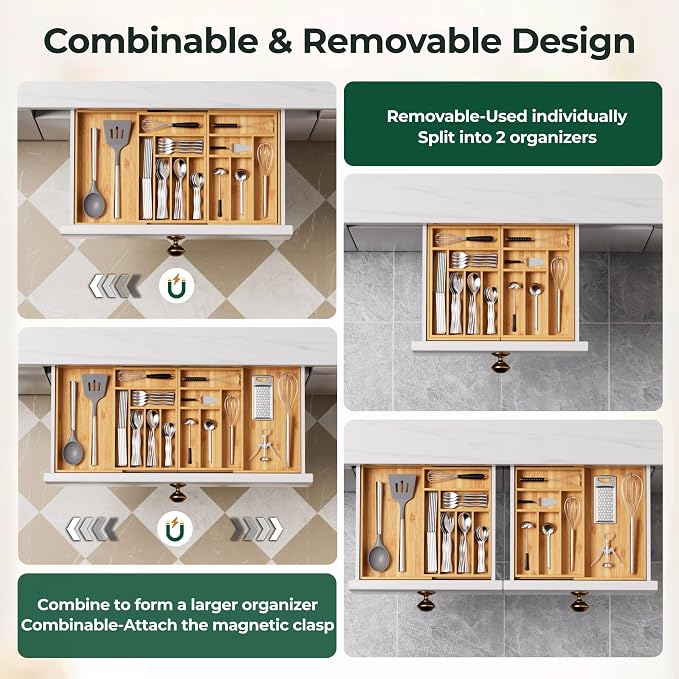 Large Silverware Organizer, 13 Slots Magnetic Connected Expandable Bamboo Utensil Drawer Organizer From 21 to 37.4 Inches, Adjustable Flatware and Cutlery Holder, Utensil Tray for Kitchen Natural