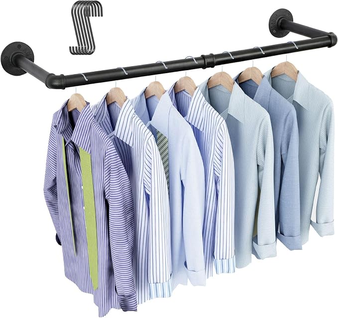 OROPY 38.4" Industrial Pipe Clothing Rack, Wall Mounted Clothes Rack | Heavy Duty Detachable Wall Mounted Clothes Rack, Iron Garment Bar, Multi-purpose Hanging Rod for Closet Storage, Black
