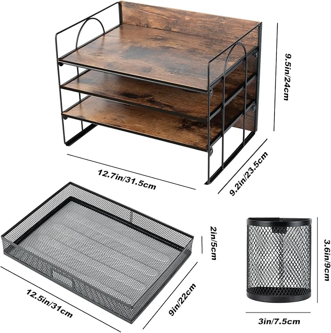 4 Tier Desk Organizers and Accessories, Paper Letter Tray Organizer,Vintage Wood Desk File Organizer with Drawer and 2 Pen Holders for School Home Office Supplies