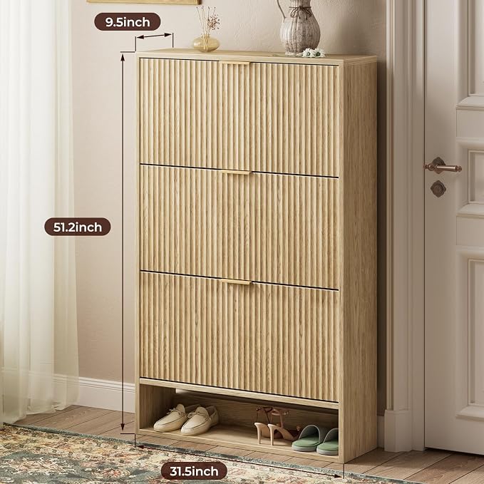 Evermagin 31.5''W Oak Shoe Cabinet Storage for Entryway, Fluted Slim Shoe Dresser with 3 Flip Drawers, Narrow Shoe Rack Cabinet, Hidden Shoe Organizer Cabinet for Entrance, Hallway