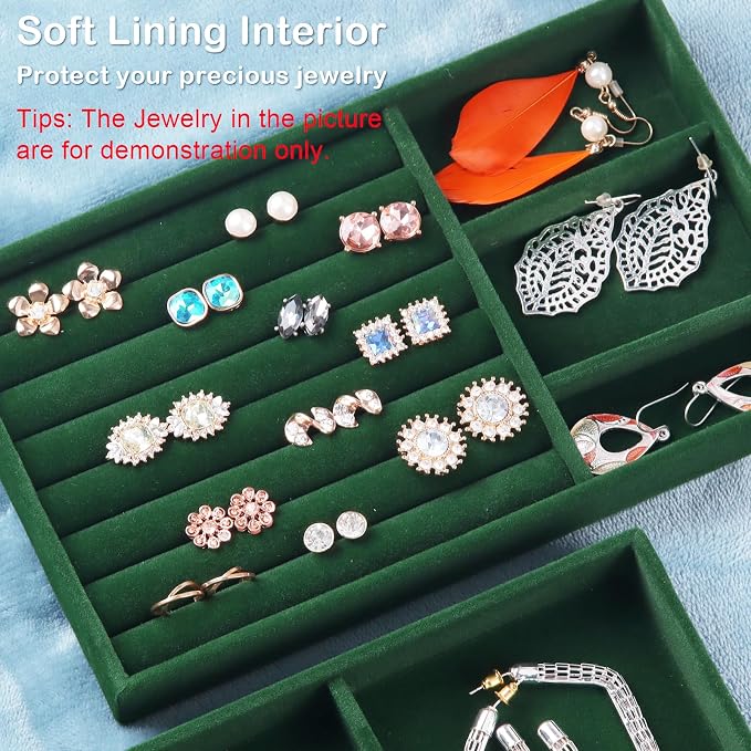 Jewelry Trays for Drawers, Set of 8 Stackable Velvet Jewelry Tray Inserts for Rings, Earrings, Necklaces, Bracelets – Fits Most Dresser/Closet Drawers, Non‑Slip Lined, Green