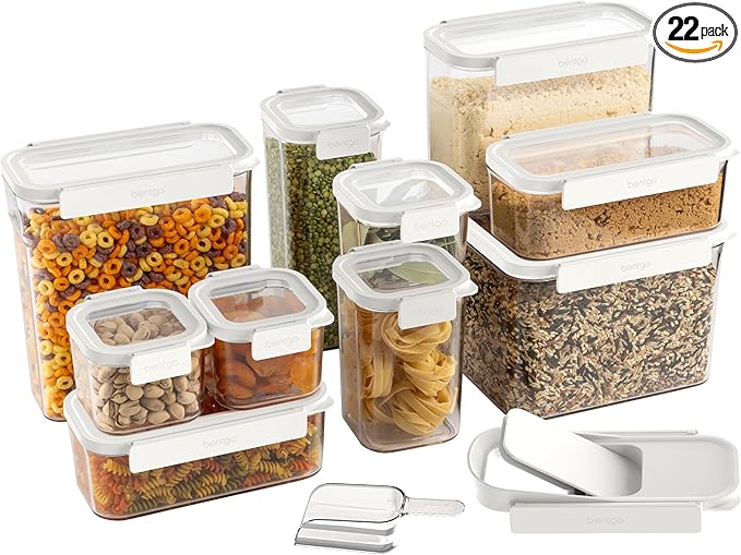 Bentgo Pantry - 22-Piece Airtight Food Storage Containers, Clear and Stackable Kitchen and Pantry Organization Set, Locking Lids for Freshness, Bonus Cereal Lid & Scoop, BPA-Free Plastic (Snow)