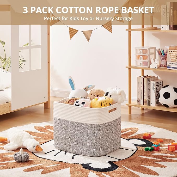 OIAHOMY Cotton Rope Woven Baskets for Organizing 3-Pack 13x15x12.6IN Closet Storage Bins for Clothes Rectangular Storage Baskets for Kids Toy Bins, Living Room Baby Nursery - White & Grey