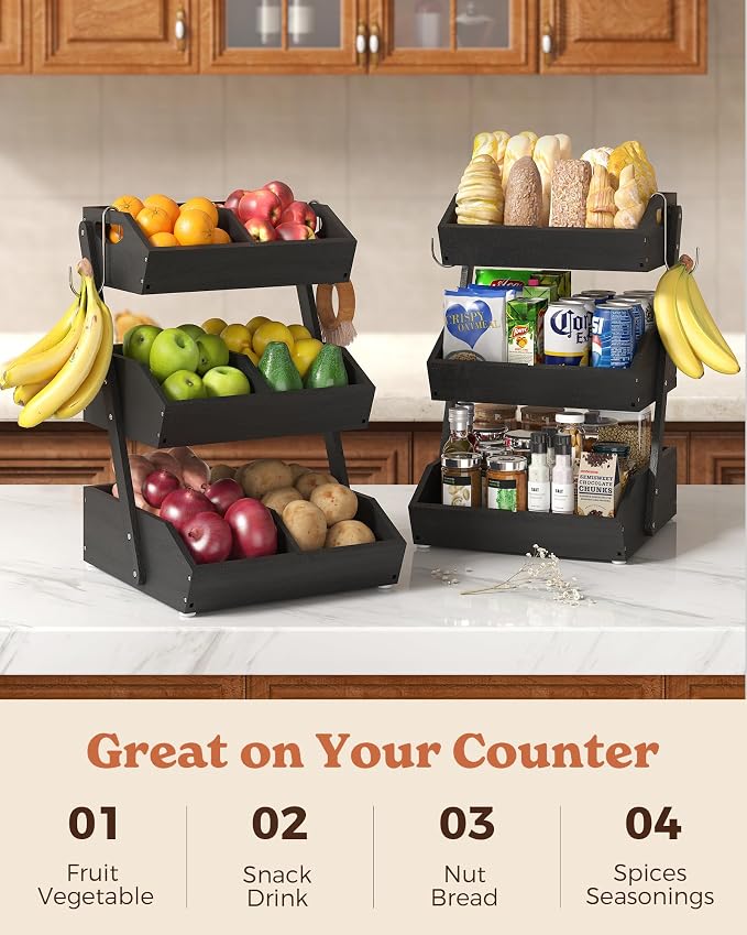Sevenblue 3-Tier Bamboo Fruit Basket with 2 Banana Holders Black | Large tiered organizer for bread, snacks, veggies. Sturdy bamboo, includes mats & dividers. Easy to assemble.