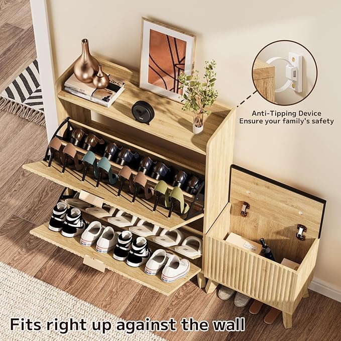 Fluted Shoe Cabinet Storage with Bench, Wood Narrow Hidden Shoe Cabinet with 2 Flip Drawers Wood Legs Adjustable Shelf for Entryway, L-Shaped Shoe Rack Organizer for Foyer Hallway Living Room