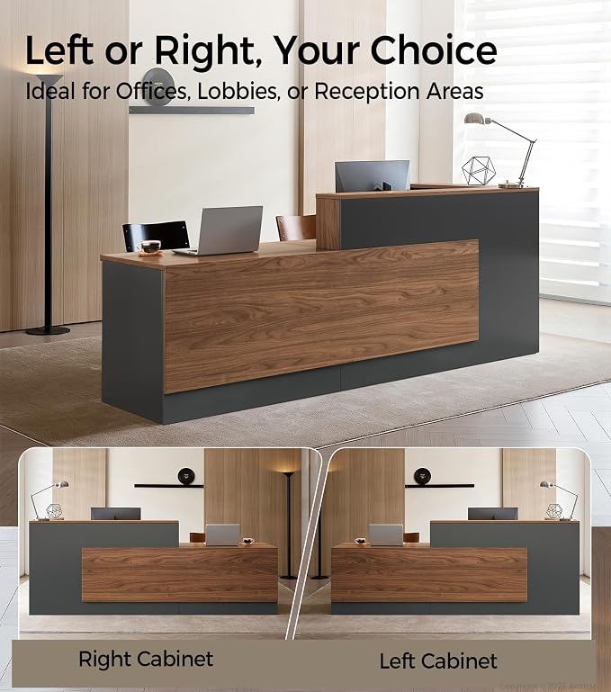 Modern L-Shaped Reception Desk with Counter - 71 inch Front Desk with Storage Cabinet, Open Shelves, Lockable Drawer & Keyboard Tray for Office, Lobby, Checkout (Red Walnut & Iron Gray - Left)