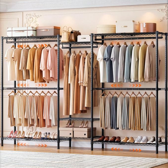 S3 Expandable Heavy Duty Clothes Rack, Freestanding Closet Organizer System | 5'8" to 8'3" Max Load 1200LBS Metal Garment Rack Portable Closet System with 4 Extendable Shelves & 4 Telescopic Rods Black