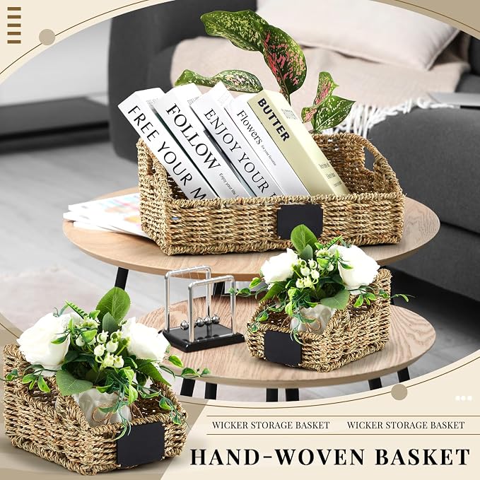 Wonderjune 4 Pcs Natural Seagrass Storage Baskets Set Stackable Handwoven Wicker Storage Bins with Chalkboard Label Built-in Handles Woven Container Basket Kitchen Baskets for Shelves