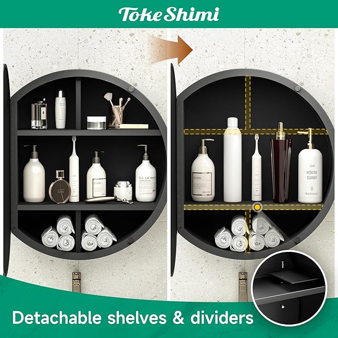 TokeShimi 30x30 Black Medicine Cabinet for Bathroom, Round Medicine Cabinet with Mirror Shatterproof, Removable Shelf, Surface Mount Only